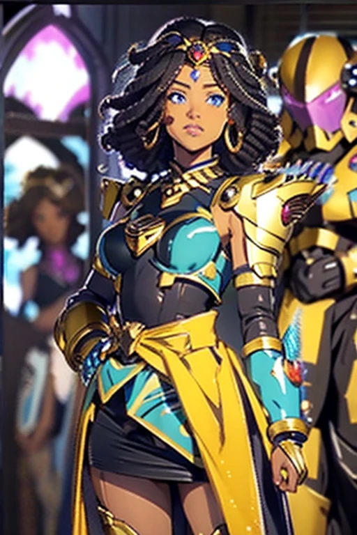 Half body shot of black woman surrounded by glittering bursting mirror glass particles, dressed in african designed attire, her image partially blurry, blue eyes and curly hair, skirt,  battle suits,   gauntlet 
