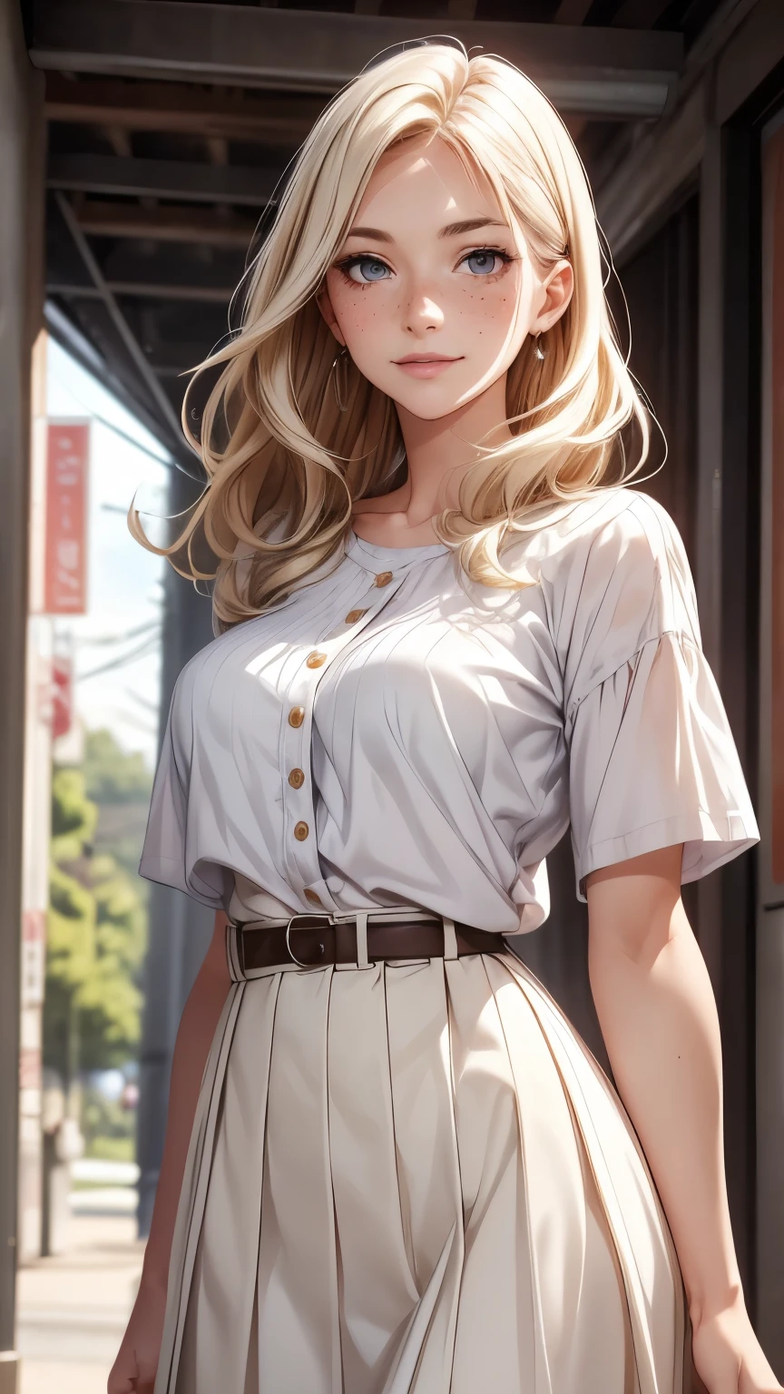 最high quality, masterpiece, One girl with anorexia, Beautiful Face, (Photorealistic photography:1.3), Rim Light, (Skin with attention to detail:1.2), 8k UHD, Digital SLR, high quality, High resolution, 4K, 8k, Bokeh, (Genuine: 1.3), Small face, pretty girl, Blonde Hair,White shirt, Short skirt,
