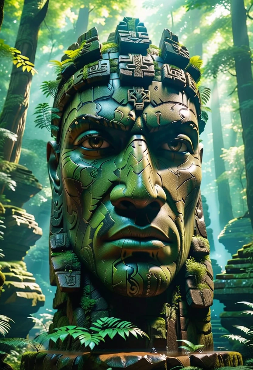 there is a large stone statue in the middle of a forest, stone eyes, unreal maya, cinematic imax footage, by Jang Seung-eop, Inca style, cybertronic Hindu temple, face close-up, playstation 3, autodesk, marvel movie still, tombs  