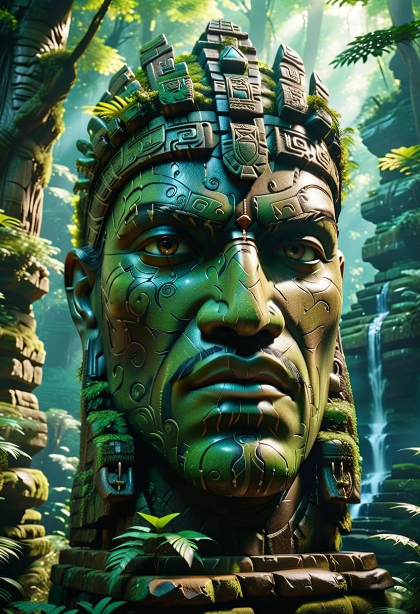 there is a large stone statue in the middle of a forest, stone eyes, unreal maya, cinematic imax footage, by Jang Seung-eop, Inca style, cybertronic Hindu temple, face close-up, playstation 3, autodesk, marvel movie still, tombs  