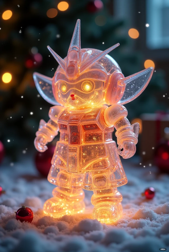 A Mobile Suit SEED Gundam made from transparent candy,The gift is glowing ,,Microscopic Photography ,Christmas atmosphere,Transparent texture,Clear syrup ，The Christmas tree is glowing，snowflake, ( Christmas atmosphere in the room :1.5)， Ultra HD, masterpiece ,  Height Details ,  high quality,  is the best quality, HD Symbol 