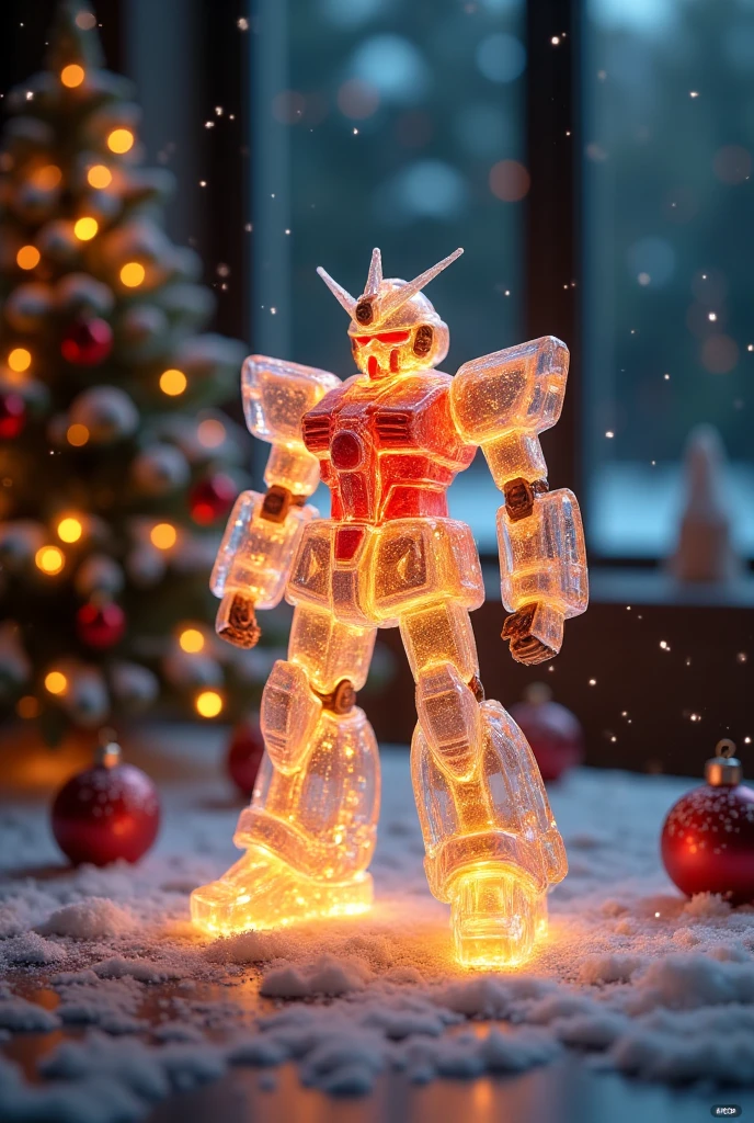 A Mobile Suit SEED Gundam made from transparent candy,The gift is glowing ,,Microscopic Photography ,Christmas atmosphere,Transparent texture,Clear syrup ，The Christmas tree is glowing，snowflake, ( Christmas atmosphere in the room :1.5)， Ultra HD, masterpiece ,  Height Details ,  high quality,  is the best quality, HD Symbol 