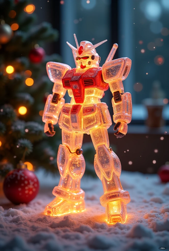 A Mobile Suit SEED Gundam made from transparent candy,The gift is glowing ,,Microscopic Photography ,Christmas atmosphere,Transparent texture,Clear syrup ，The Christmas tree is glowing，snowflake, ( Christmas atmosphere in the room :1.5)， Ultra HD, masterpiece ,  Height Details ,  high quality,  is the best quality, HD Symbol 