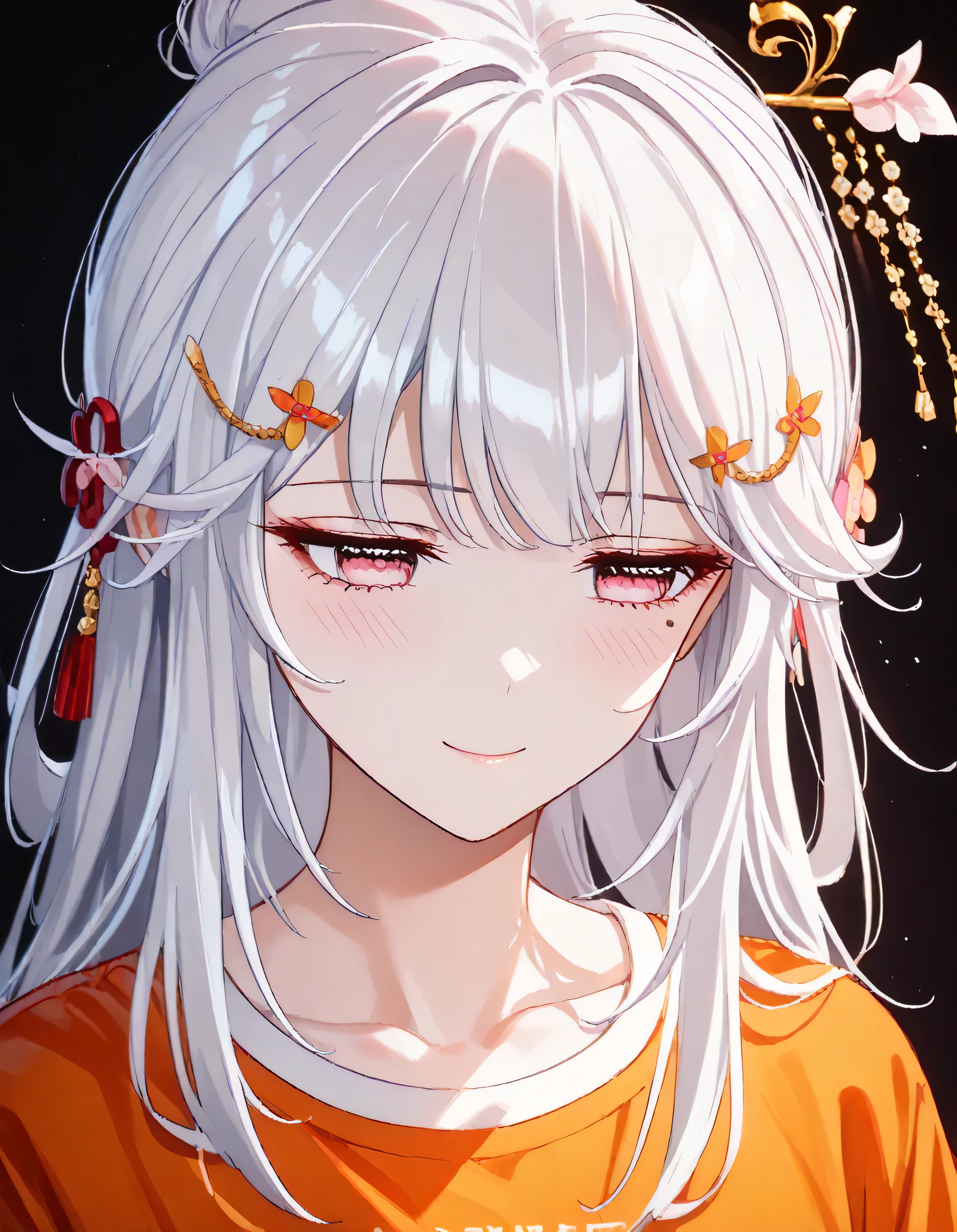 UN\(EOE\),one girl,solo,best quality, masterpiece,score_9, score_8_up, score_7_up, score_6_up, score_5_up, score_4_up ,,break,1girl,(dark background), (shaded Lighting),,break, incredibly_absurdres, ,very high resolution, very aesthetic,by famous artist, 8k, 16k,,beauty illustration,photoshop_(small),,(pink eyes:1.2),(white hair|Detailed hair|long hair|hairpin|hair tidy up|knot top),(red and orange school shirt,white collar),(sleepy, depressed,smile,jitome),dilated pupils, empty eyes,one mole under eye,intense angle, f/16, Canon,upper body