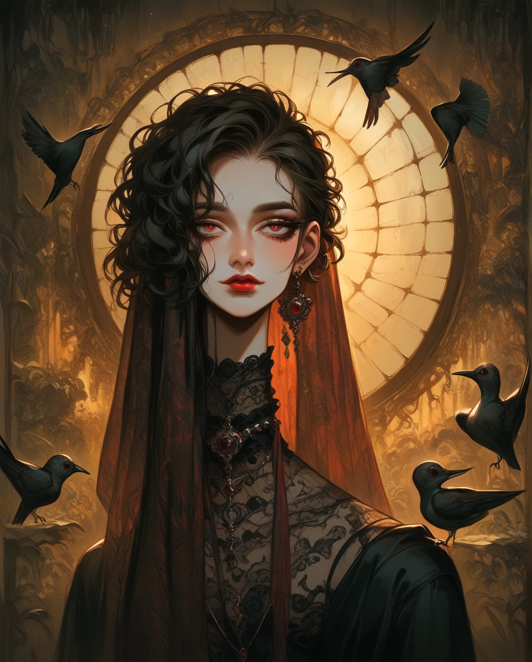   A full body  ,   high resolution of a melancholic woman in anime style (Detailed),thin face (defined eyes), He has a bird in his hands ,   deep red lips  , gothic fashion, calaveras.   With dramatic lighting and dynamic composition . Light-dark , CARAVAGGIO style light .