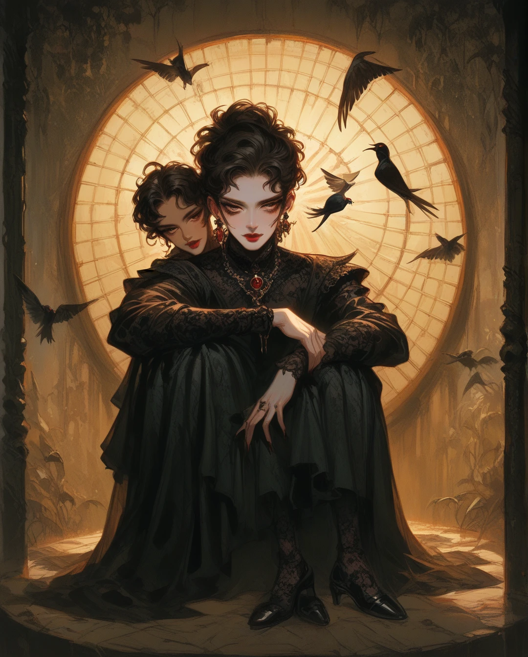   A full body  ,   high resolution of a melancholic woman in anime style (Detailed),thin face (defined eyes), He has a bird in his hands ,   deep red lips  , gothic fashion, calaveras.   With dramatic lighting and dynamic composition . Light-dark , CARAVAGGIO style light .