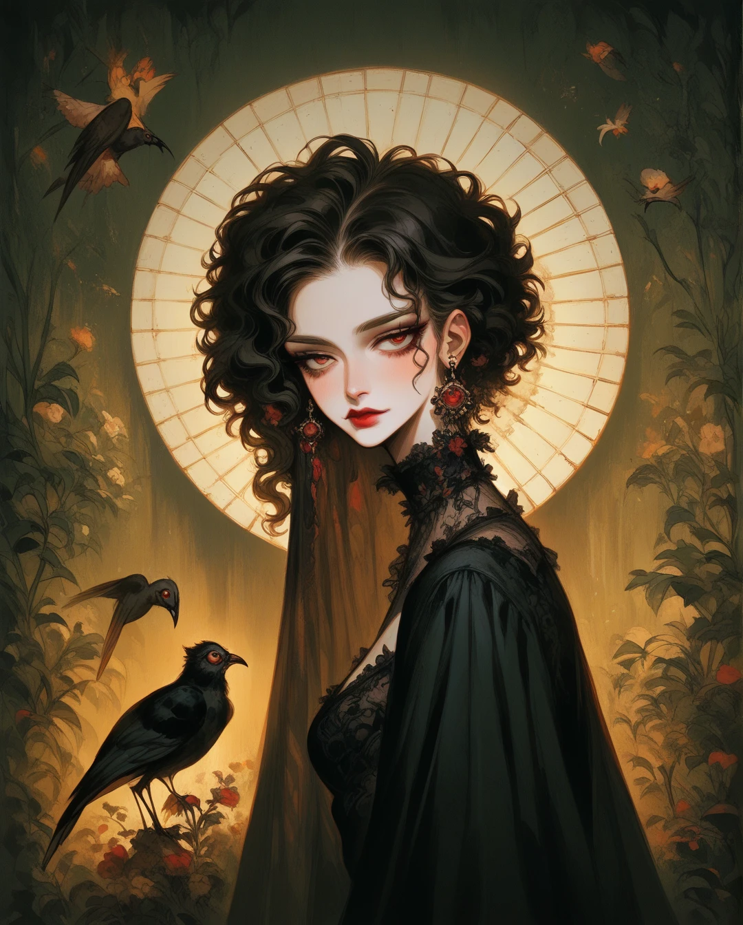   A full body  ,   high resolution of a melancholic woman in anime style (Detailed),thin face (defined eyes), He has a bird in his hands ,   deep red lips  , gothic fashion, calaveras.   With dramatic lighting and dynamic composition . Light-dark , CARAVAGGIO style light .