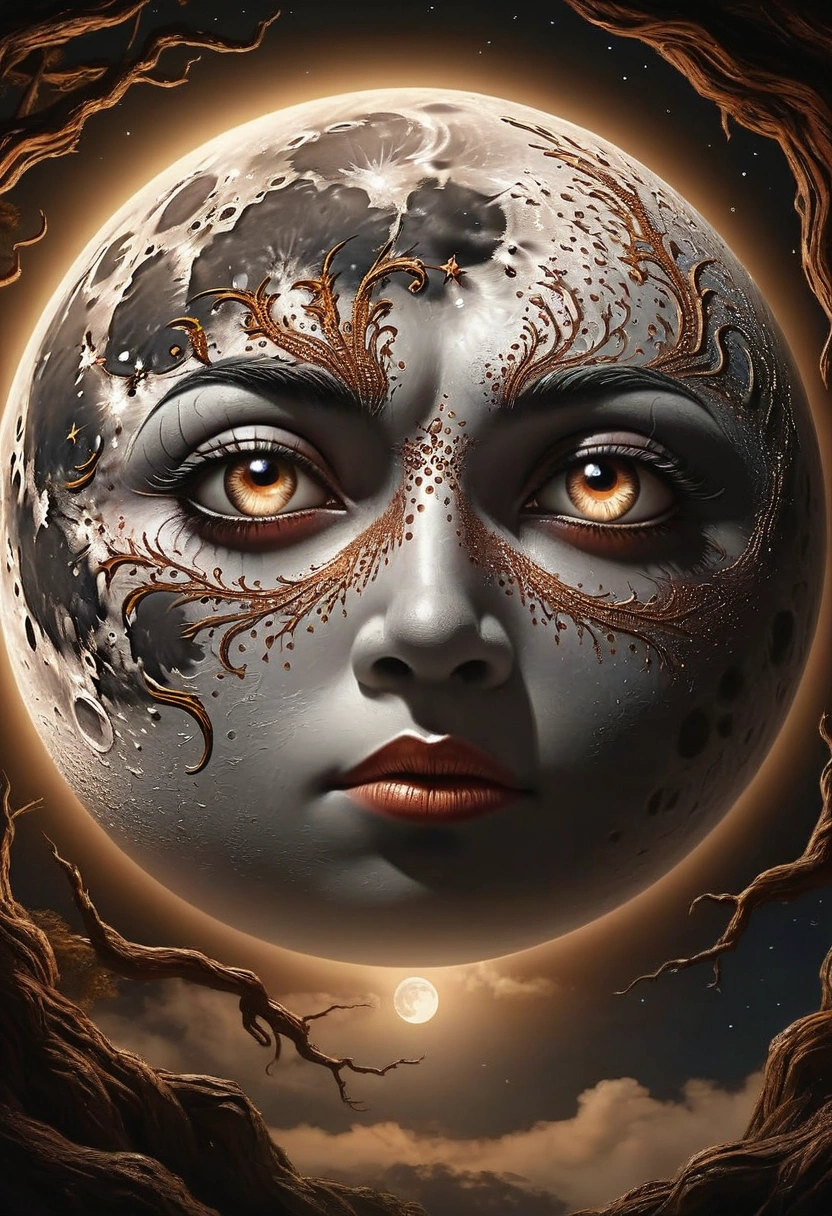 A detailed fantasy drawing of a full moon with many eyes, intricate celestial patterns, and a mystical, dream-like atmosphere, (best quality,4k,8k,highres,masterpiece:1.2),ultra-detailed,(realistic,photorealistic,photo-realistic:1.37),detailed fantasy moon,celestial moon with eyes,surreal moon eyes,ethereal moon, detailed celestial patterns, dreamlike moon, mystical moon, fantastical moon, dark fantasy moon, intricate moon details, exquisite moon drawing, moody moon, atmospheric moon, moon with celestial imagery, detailed moon textures, dramatic moon lighting, surreal moon scene