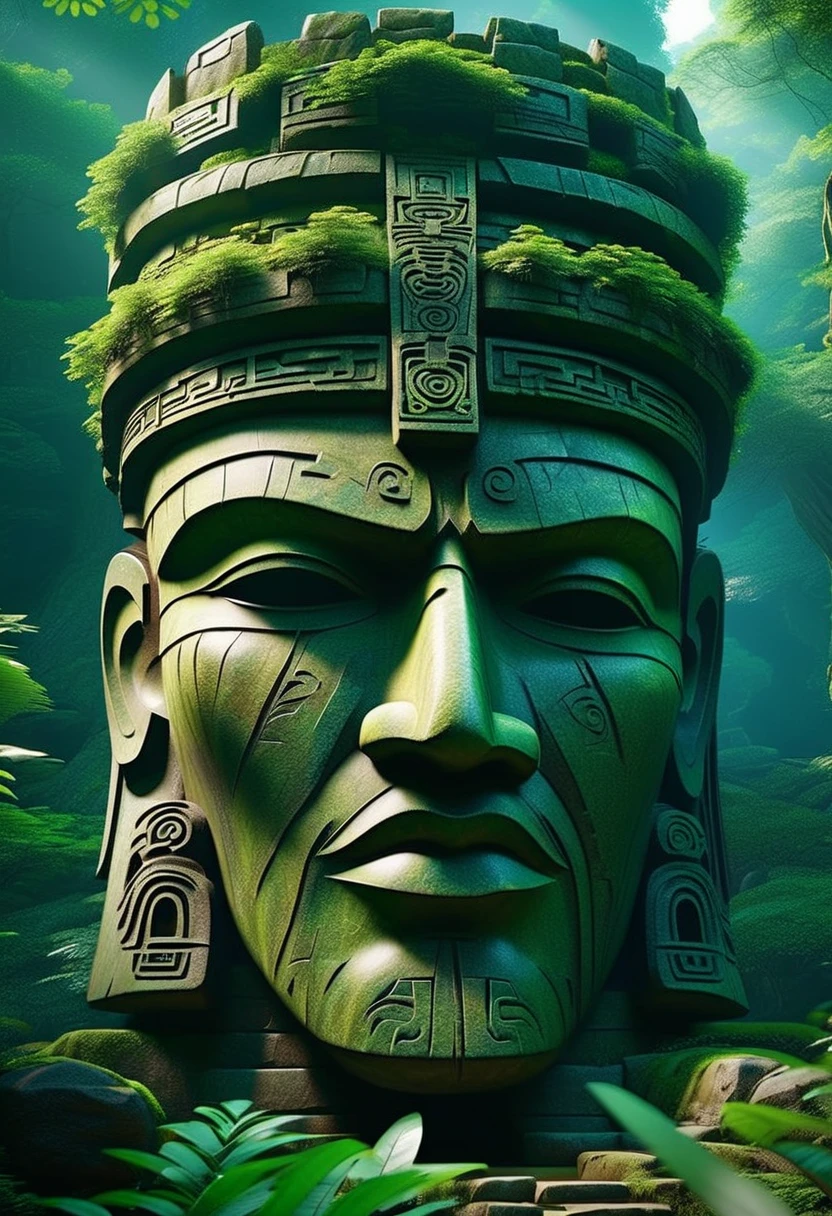 there is a large stone statue in the middle of a forest, stone eyes, unreal maya, cinematic imax footage, by Jang Seung-eop, Inca style, cybertronic Hindu temple, face close-up, playstation 3, autodesk, marvel movie still, tombs  