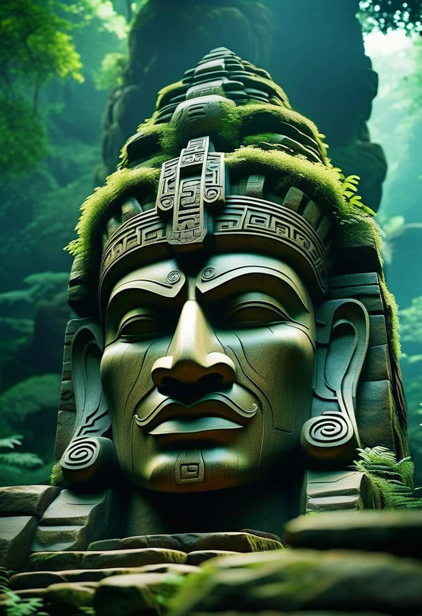 there is a large stone statue in the middle of a forest, stone eyes, unreal maya, cinematic imax footage, by Jang Seung-eop, Inca style, cybertronic Hindu temple, face close-up, playstation 3, autodesk, marvel movie still, tombs  