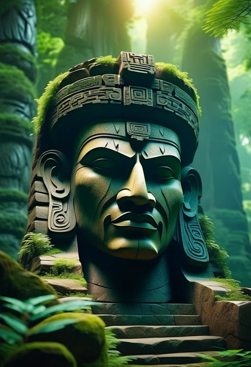 there is a large stone statue in the middle of a forest, stone eyes, unreal maya, cinematic imax footage, by Jang Seung-eop, Inca style, cybertronic Hindu temple, face close-up, playstation 3, autodesk, marvel movie still, tombs  