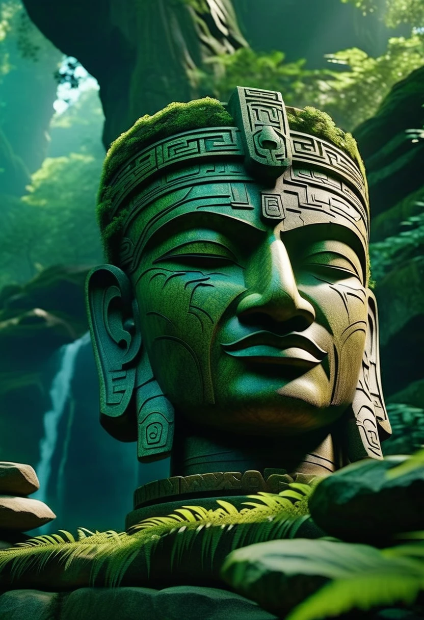 there is a large stone statue in the middle of a forest, stone eyes, unreal maya, cinematic imax footage, by Jang Seung-eop, Inca style, cybertronic Hindu temple, face close-up, playstation 3, autodesk, marvel movie still, tombs  