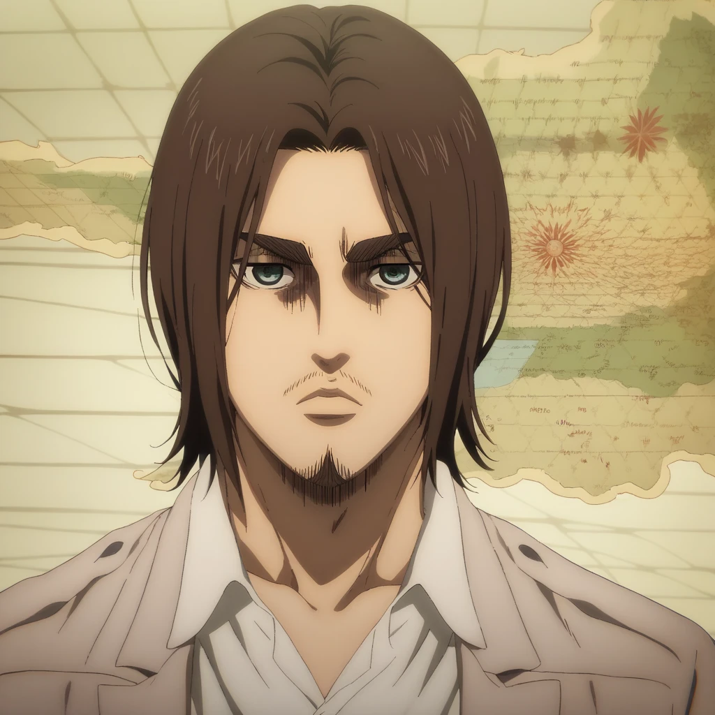 eren yeager s4, Does he have a handsome facial long beard , On a thin beak, His eyes are grey, serious look,  dark brown hair ,  medium hair,  white shirt rolled up ,  anime style  , attack on titan, type of animation map.  full body, a single character,  HIGH QUALITY,  looking at the spectator , The beard is a lumberjack type,  white background,  male anime character,  Detailed anime character art ,  official art 
