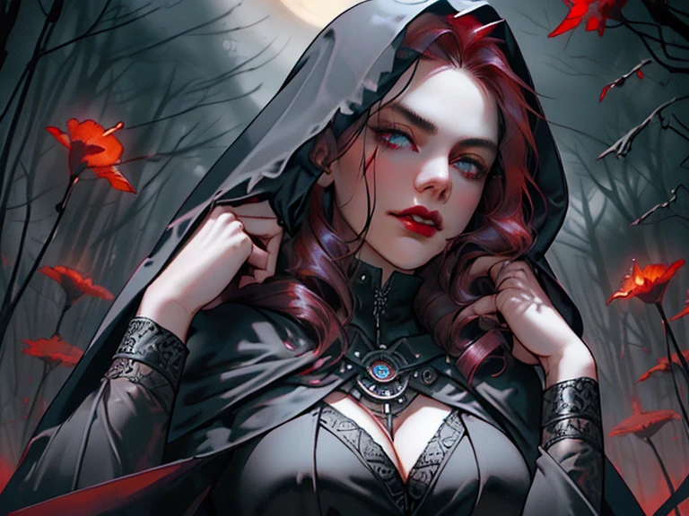 Evang. Fangs. (best quality, 4k, 8k, high resolution, masterpiece:1.2), Super detailed, (actual, photoactual, photo-actual:1.37), full length pose, young female vampire, (((perfect face))), very deep cleavage, fangs, bright red lips, bright blue eyes, very pale complexion, dark eye makeup, unbelievably long dark red hair blowing in the wind, head slightly raised, sniffing, (((perfect hands))), hands raised in front of her as if to claw at something, long sharp scarlet fingernails, long black flowing cloak with scarlet lining and a hood half covering her face, deep cleavage, goth style leather clothes, steampunk, hiding in the shadows, she is hunting for prey, very dark steampunk city background with steampunk style train, night view, Mysterious moonlight, hint of blood red, Gloomy and mysterious, Palette: deep black and rich purple, dramatic lighting, Ethereal and supernatural beings, photorealistic
