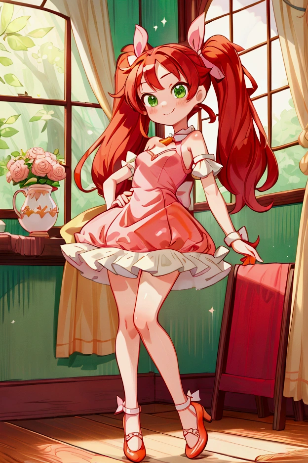 (Masterpiece, best quality) standing indoors with intricate details and sunlight, 1girl, red hair, twintails, green eyes, hair bow, pink and white frilled dress with short neckline, orange heels shoes, Mischievous smile,sexy pose, coquette, beautiful long legs, teen girl, gorgeous body, pronounced breasts.
