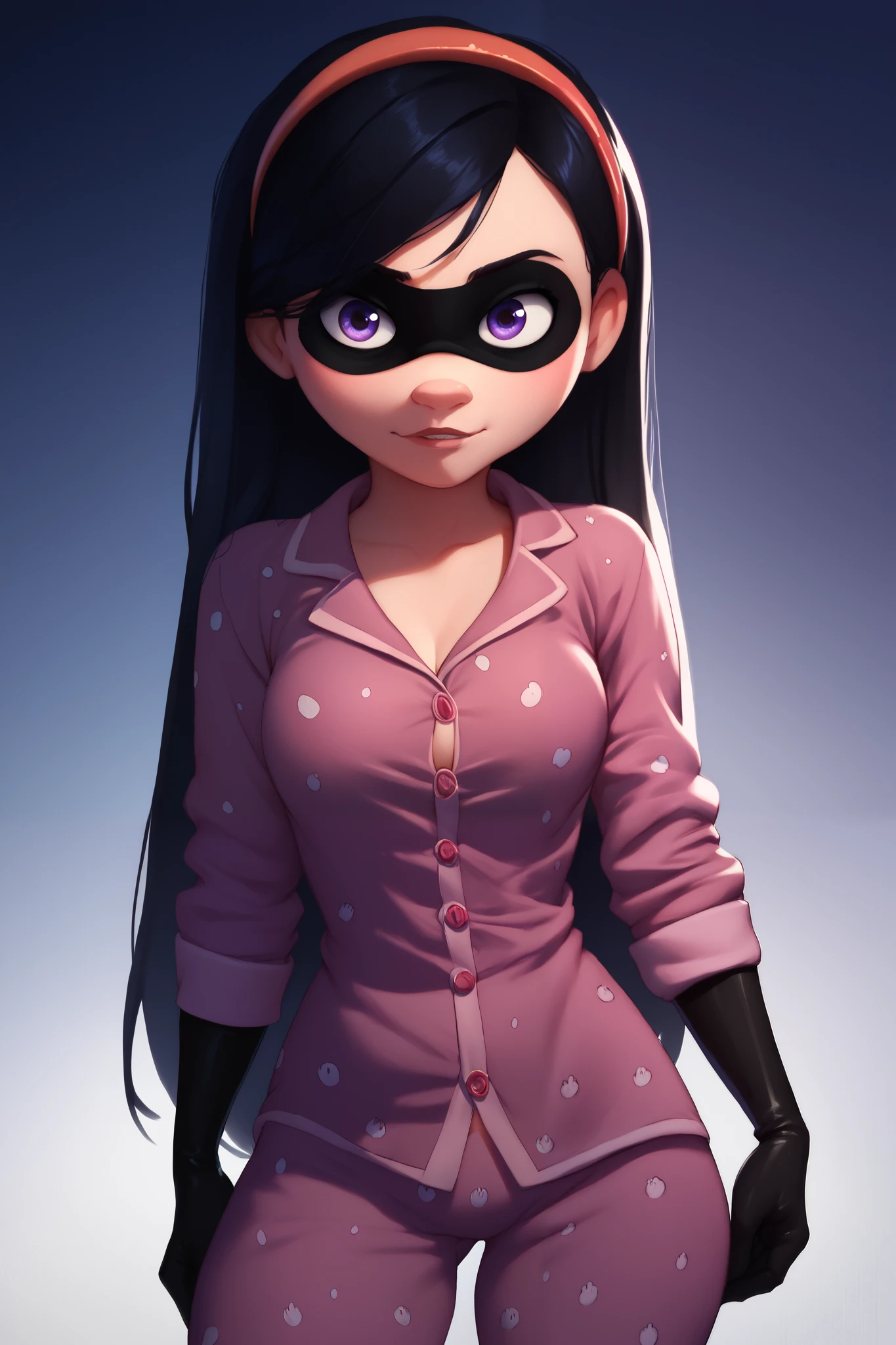 high resolution, highly detailed, perfect lighting, highly detailed eyes,    1girl, solo, violetparr, mask, black hair, long hair, hairband, purple eyes, black gloves, looking at viewer, solo, night background, head tilt, curvy, (red furry pajamas, sexy, flirty)