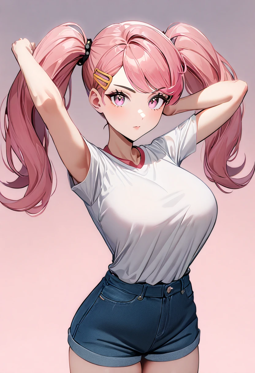 (8k,  top quality,   masterpiece  :1.3), pose, 1 girl,  very beautiful face  , random expression ,ＪＫ_ style for stilets ,(Age 19),Big Breasts,zzWhitney, pink eyes, pink hair, pigtails, hair clip, white shirt, denim shorts,