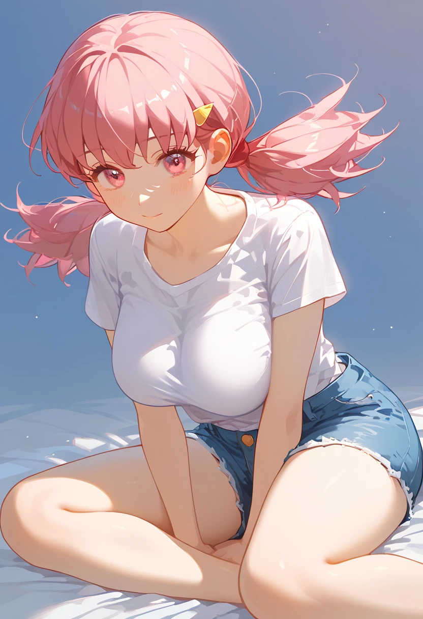 (8k,  top quality,   masterpiece  :1.3), pose, 1 girl,  very beautiful face  , random expression ,ＪＫ_ style for stilets ,(Age 19),Big Breasts,zzWhitney, pink eyes, pink hair, pigtails, hair clip, white shirt, denim shorts,