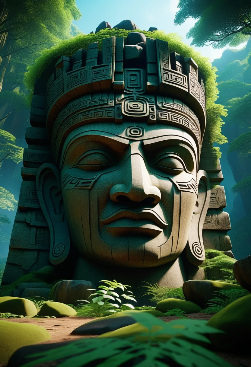 there is a large stone statue in the middle of a forest, stone eyes, unreal maya, cinematic imax footage, by Jang Seung-eop, Inca style, cybertronic Hindu temple, face close-up, playstation 3, autodesk, marvel movie still, tombs  