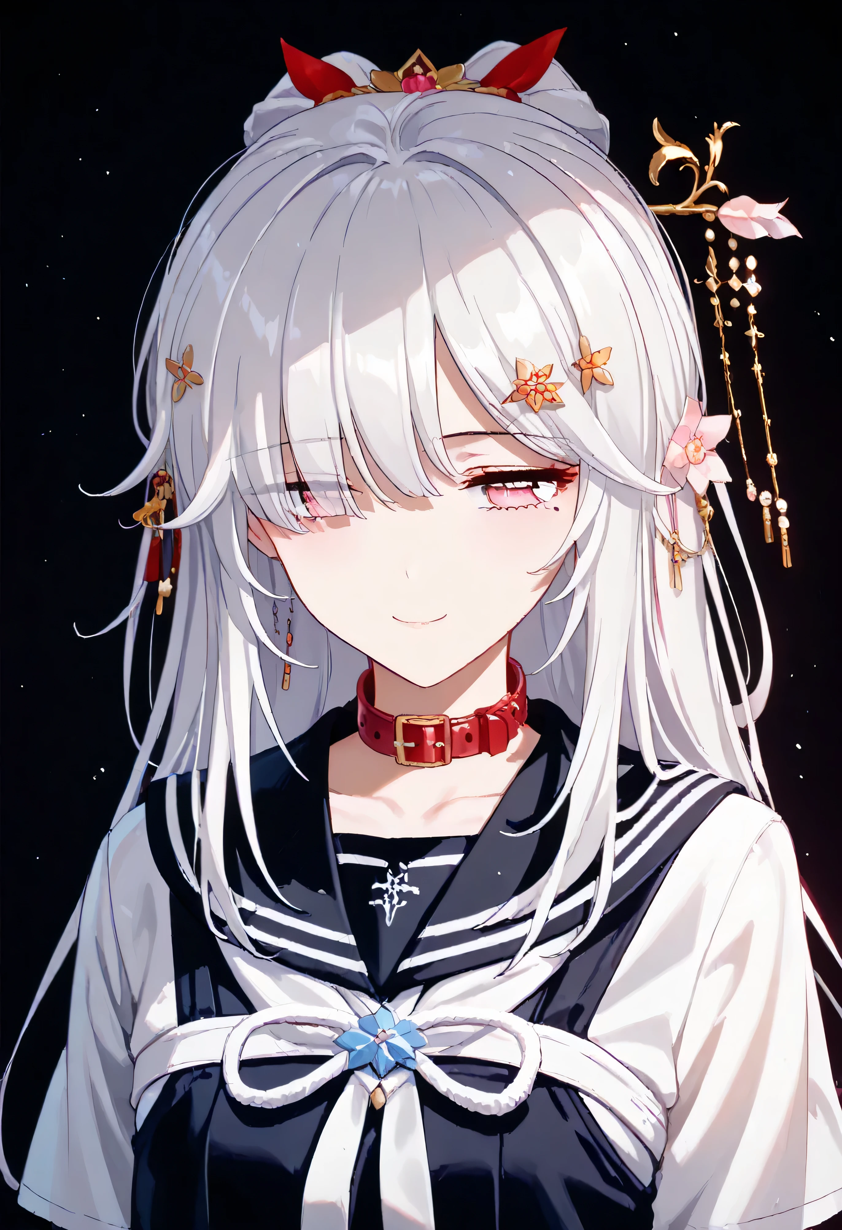 UN\(EOE\),one girl,solo,best quality, masterpiece,score_9, score_8_up, score_7_up, score_6_up, score_5_up, score_4_up ,,break,1girl,(dark background), (shaded Lighting),,break, incredibly_absurdres, ,very high resolution, very aesthetic,by famous artist, 8k, 16k,,beauty illustration,photoshop_(small),,(pink eyes:1.2),(white hair|Detailed hair|long hair|hairpin|hair tidy up|knot top),(school uniform,red collar),(sleepy, depressed,smile,jitome),dilated pupils, empty eyes,one mole under eye,hair over one eye,intense angle, f/16, Canon,upper body