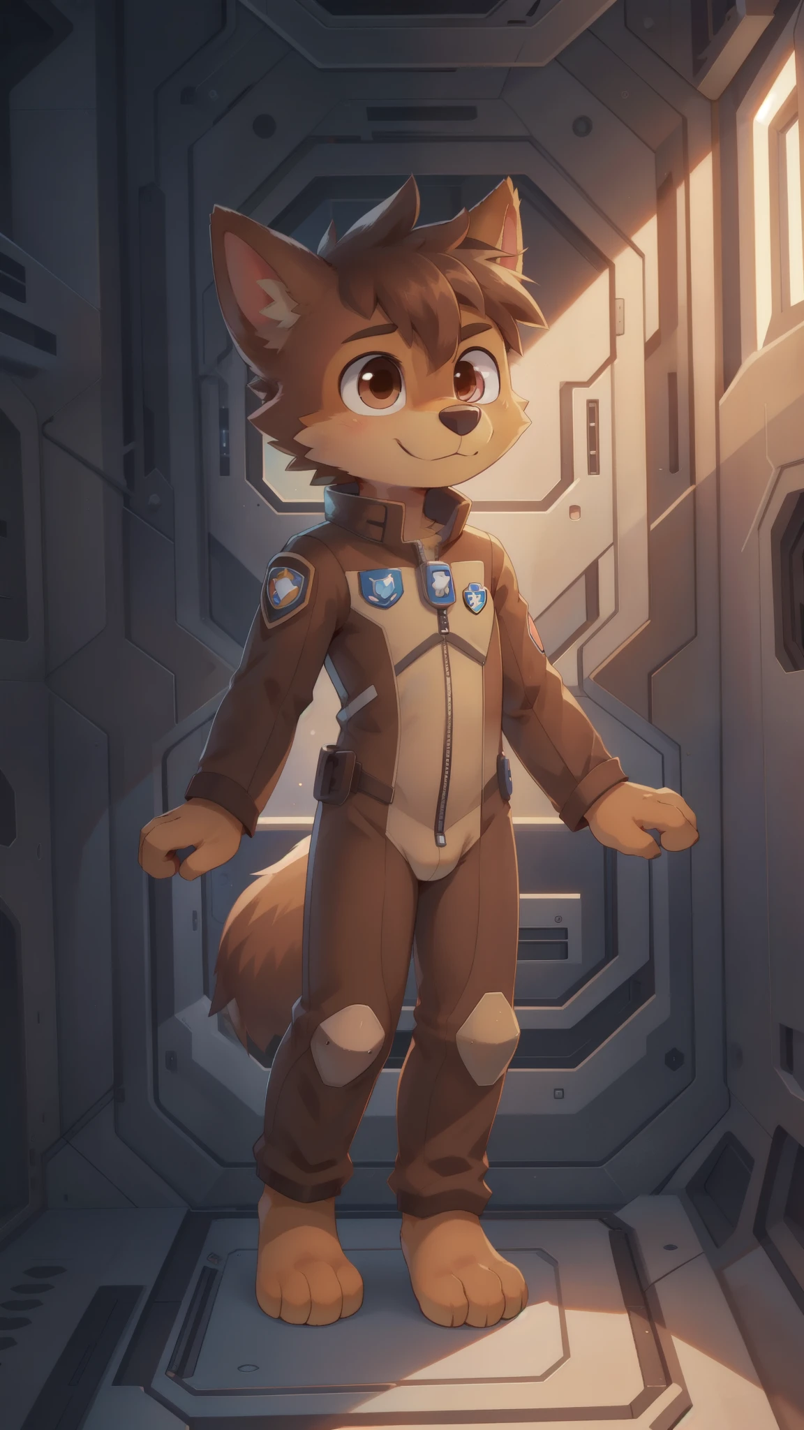 Chase, dog, furry boy, brown eyes, brown hair, spiky hair, two tone body fur, brown body fur, clear brown body fur, grat hair, detailed body fur, detailed body, detailed face, detailed eyes, astronout suit, space station, skinny, (best quality), cinematic lighting, looking at viewer, anime style, full body, feets with three toes, 1boy, :3, tiny body, short body, {chase paw patrol}, male, ((solo))