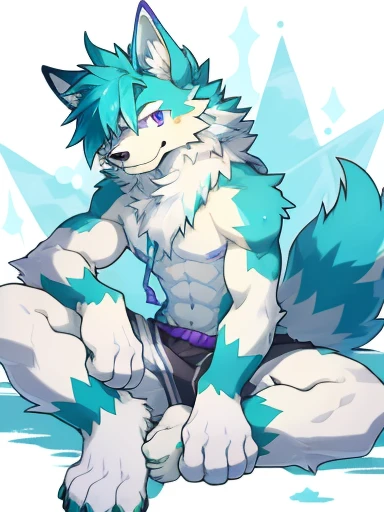 Male Alaskan Malamute Dog Purple and White Fur, devil, hair covering her eyes, White cap, muscular, black underwear 