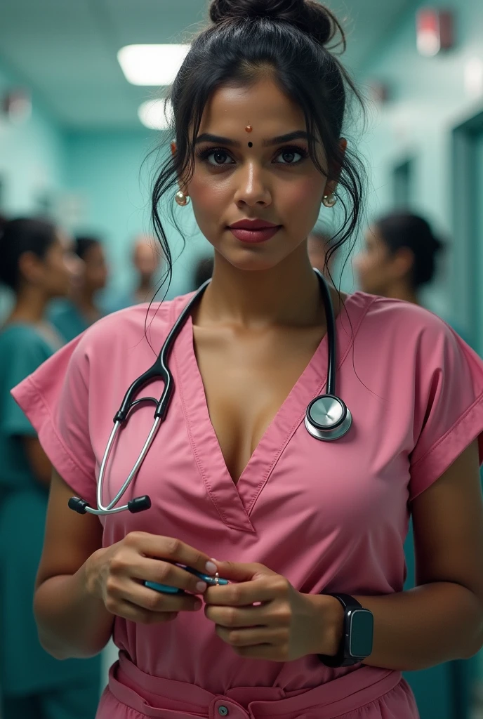 Create Full body image,Sexy indian doctor with large breast, wearing smartwatch in one hand, bindi on forehead,small pearl earrings,big cheeks,voluptuous figure,swooping Big large size breasts, dripping sweaty,Deep cleavage,hair bun tied up, navel,sultry, oily sweaty shiny skin,seductive eyes, wearing tight sleeveless pink open button scrubs showing deep cleavage,standing in a crowded hospital with a Stethoscope  (cinematic:1.3), intricate details, (ArtStation:1.2)