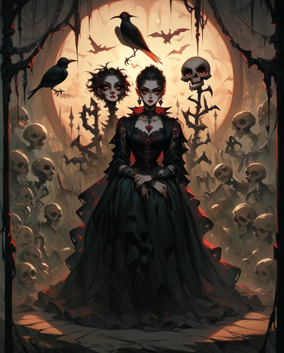  A full body ,  high-resolution anime-style of a melancholic woman (Detailed),thin face (defined eyes),He has a bird in his hands,  deep red lips , gothic fashion, skulls.  With dramatic lighting and dynamic composition . Light-dark 