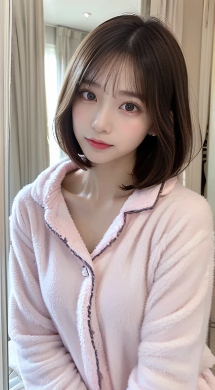 masterpiece、high quality、ピンクのWearing pajamasソファでポーズをとるかわいい女の子, Nightwear, Wearing pajamas, 白いWearing pajamas, Pink clothes, ゆったりしたWearing pajamasいる, (night:1.5, Dark Room:1.5, Dim lighting), Smooth, white, fluffy clothing、Cute face with arms and legochako, Brush Sticker, Big cleavage、