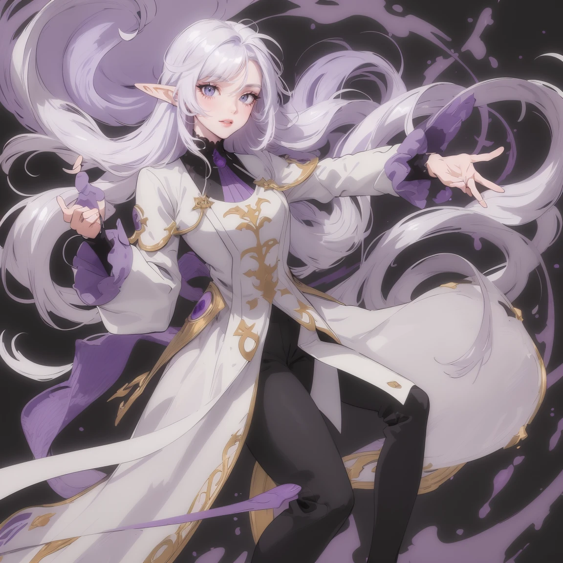 splash art.((masterpiece)),(((best quality))),(character design sheet, same character, front, ), elven woman, ((side view:0.5)) anime girl, Gesture, character design. ((light purple eyes)). 1girl, solo, teenager, ((white hair)), ((light purple eyes)), pants, long sleeves, pointed ears. ((black clothes))
