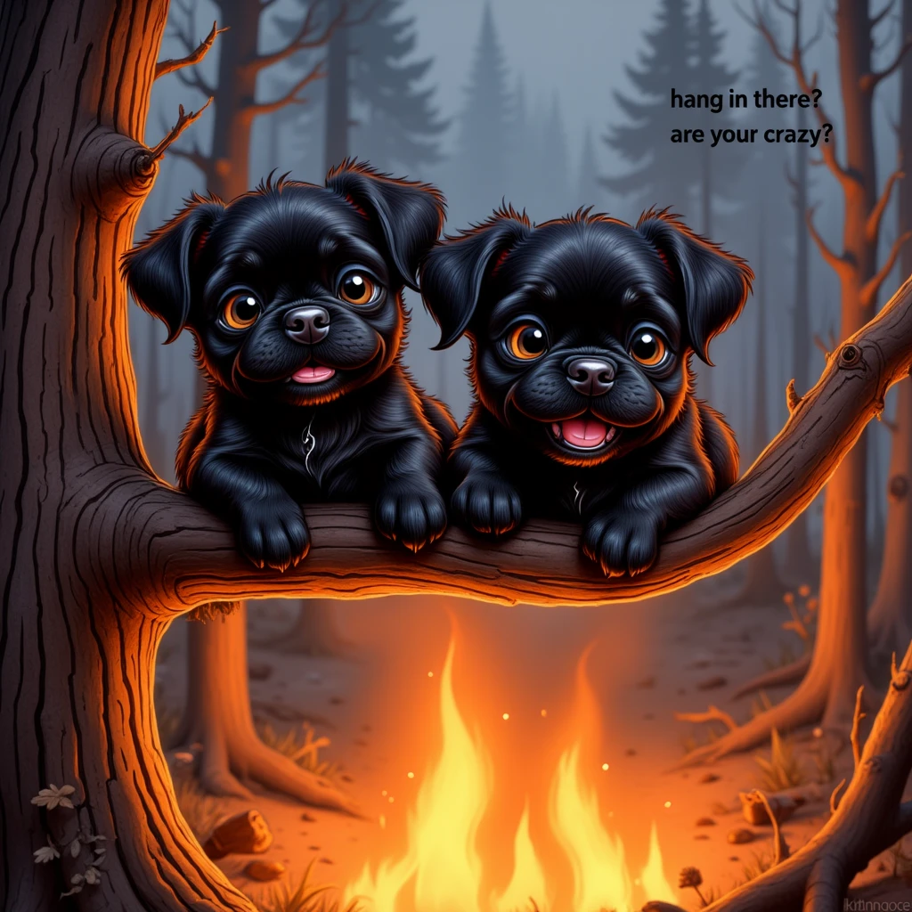 2 adorable black shih tzu puppies, Pixar Style, frightened hanging from a branch on a tree above fire. Flames lick at its feet. 

Text on the side: ("Hang in there? Are you crazy?").

krtngoCE style