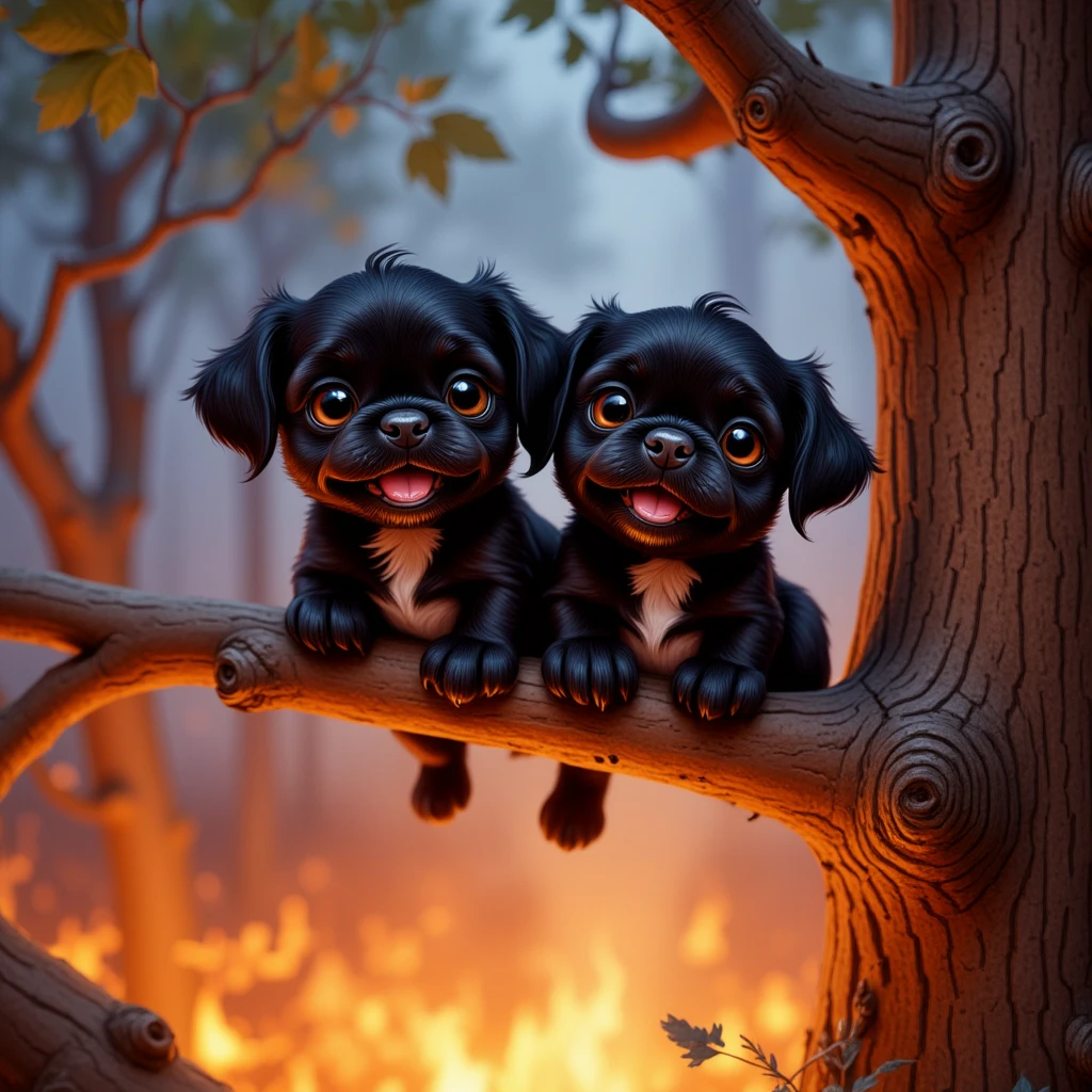 2 adorable black shih tzu puppies, Pixar Style, frightened hanging from a branch on a tree above fire. Flames lick at its feet. 

Text on the side: ("Hang in there? Are you crazy?").

krtngoCE style