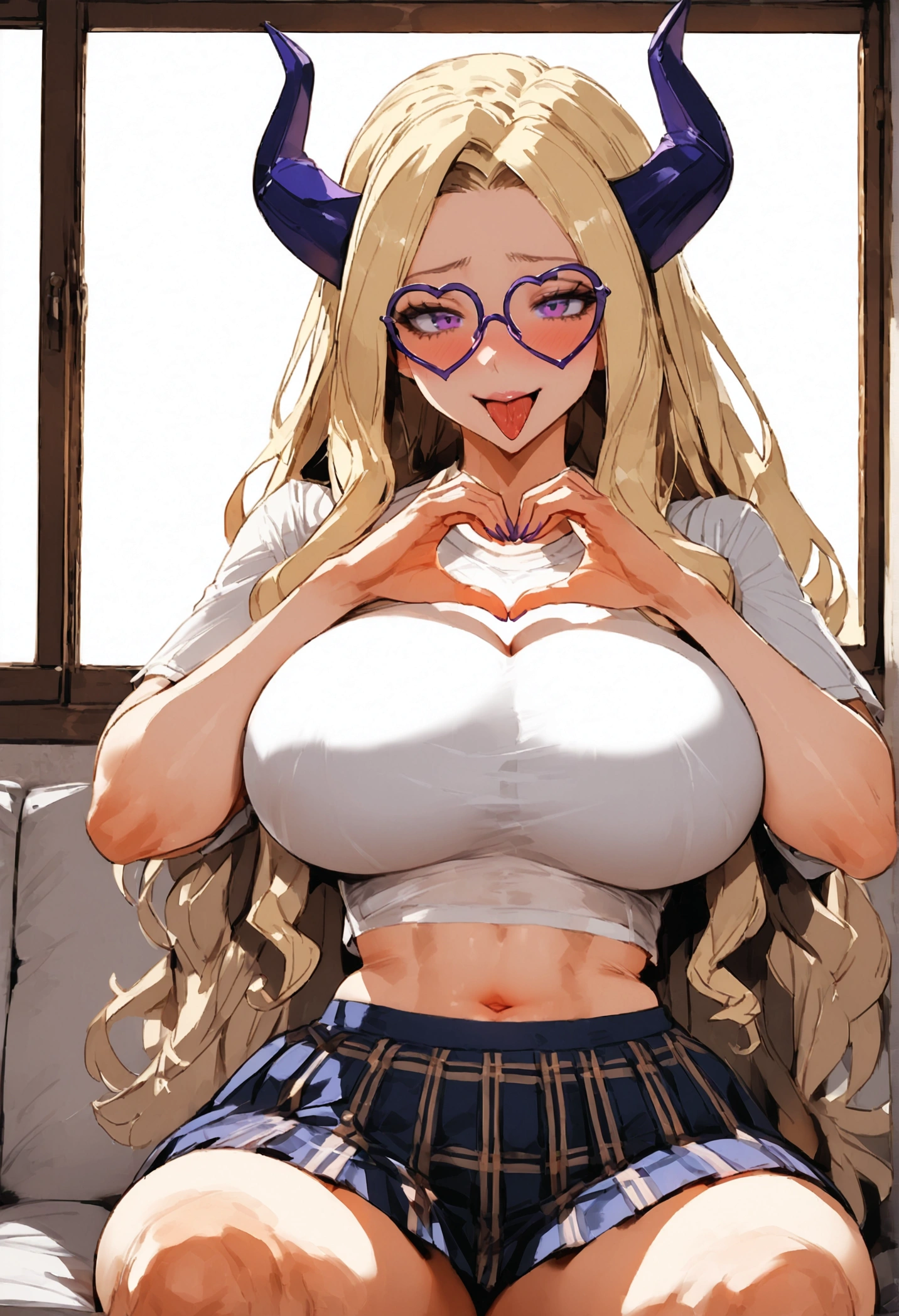 TruckKun Style, Mount Lady, blonde hair, purple eyes, big breasts, school outfit, crop top, plaid skirt, sitting at a window, busty, exposed navel, open legs, heart hands, vulgar face, tongue out, orgasm