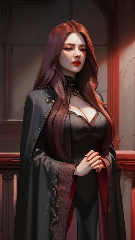 
Evang. Fangs. (best quality, 4k, 8k, high resolution, masterpiece:1.2), Super detailed, (actual, photoactual, photo-actual:1.37), full length pose, young female vampire, (((perfect face))), very deep cleavage, long pointed teeth, bright red lips, bright blue eyes, very pale complexion, dark eye makeup, unbelievably long dark red hair blowing in the wind, head slightly raised, sniffing, (((perfect hands))), hands raised in front of her as if to claw at something, long sharp scarlet fingernails, long black flowing cloak with scarlet lining and a hood half covering her face, deep cleavage, goth style leather clothes, steampunk, hiding in the shadows, she is hunting for prey, very dark steampunk city background with steampunk style train, night view, Mysterious moonlight, hint of blood red, Gloomy and mysterious, Palette: deep black and rich purple, dramatic lighting, Ethereal and supernatural beings, photorealistic

