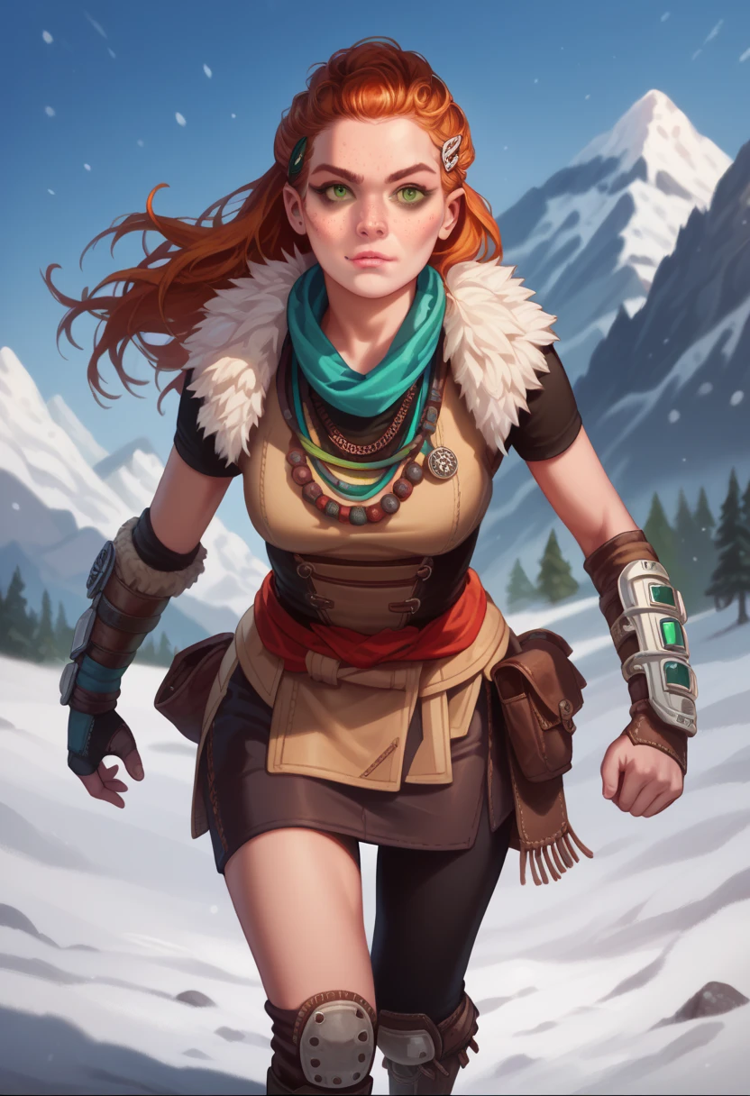 Illustration, realistic proportions, HFWAloy, 1girl, orange hair, long hair, green eyes, freckles, hair ornament, scarf, top, fur trim, necklace, bracer, skirt, pants, single knee pad, boots, running at viewer, snowy mountains