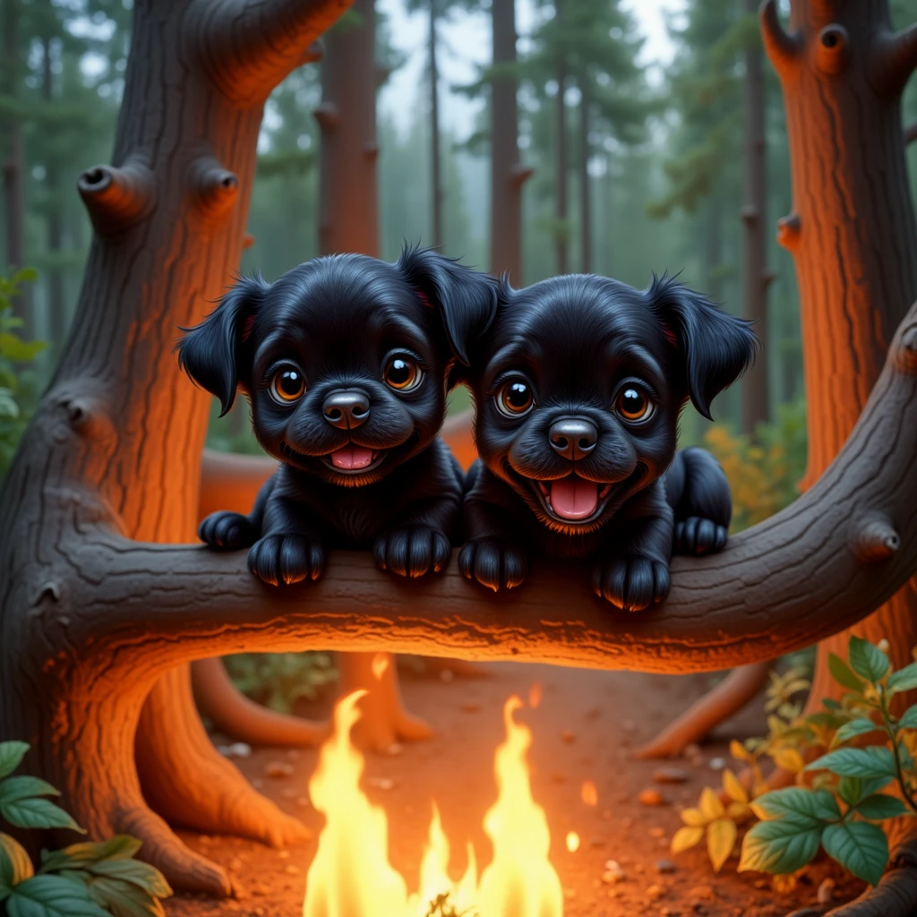 2 adorable black shih tzu puppies, Pixar Style, frightened hanging from a branch on a tree above fire. Flames lick at its feet. 3D Pixar style

Text on the side: ("Hang in there? Are you crazy?"