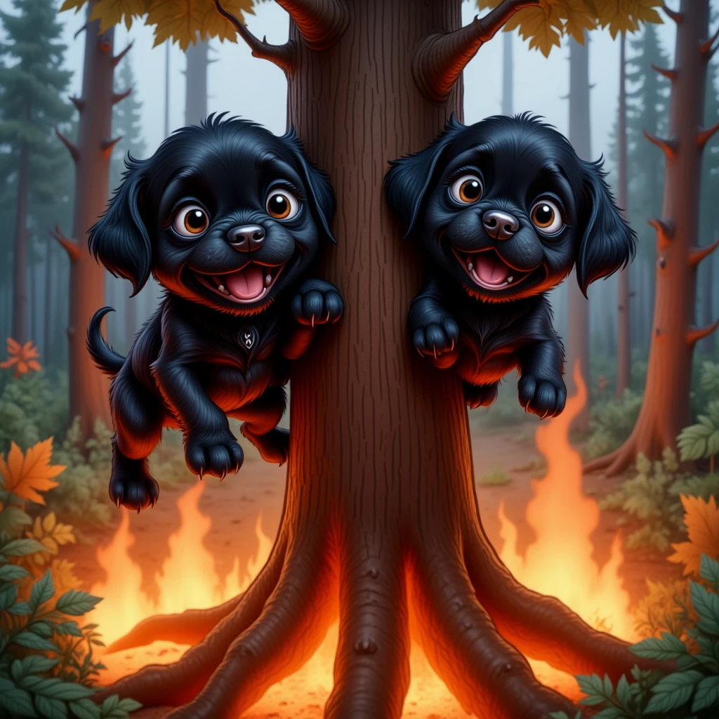 2 adorable black shih tzu puppies, Pixar Style, frightened hanging from a branch on a tree above fire. Flames lick at its feet. 3D Pixar style

Text on the side: ("Hang in there? Are you crazy?"