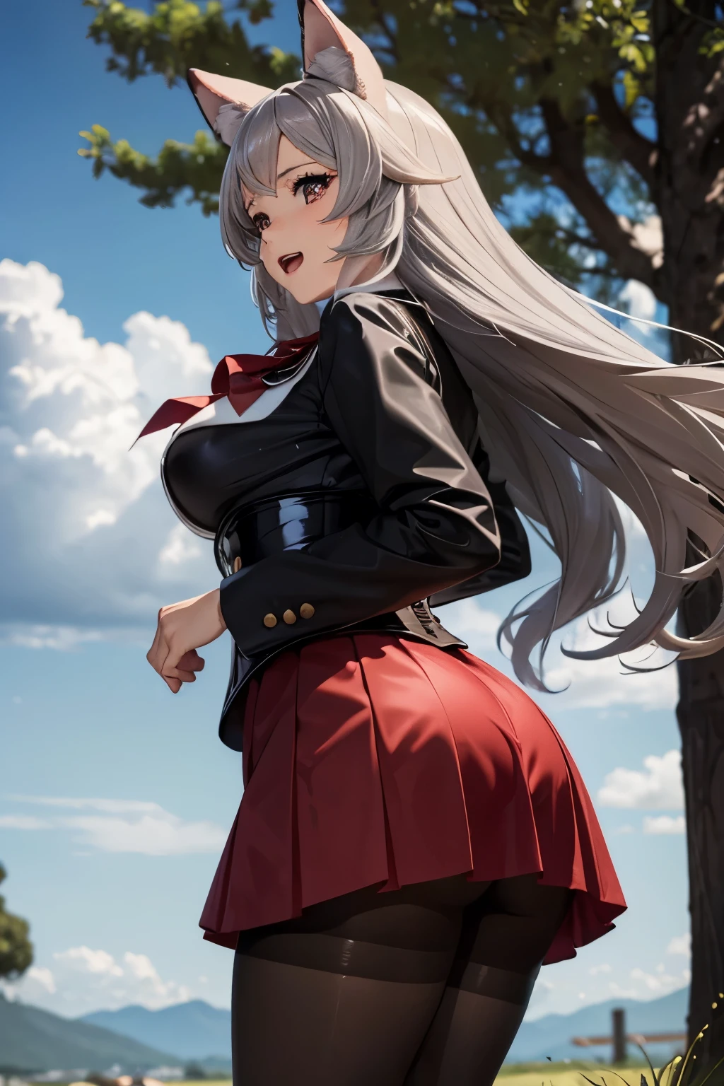 (landscape), (tree and clouds dark), ((fat legs)), ((perfect eyes)), (finely detailed eyes and detailed face:1.3), (extremely fine and beautiful:1.1), (Perfect details:1.1), big breasts, (shiny skin), ((glossy black pantyhose)), (Pursena Adoldia), Mushoku Tensei, gray hair, red eyes, long hair, academy uniform, red skirt, white shirt, open jacket, corset, animal ears, dog ears, red bow, ribbon, sexy legs, smile, open mouth, view from behind, side view, round ass