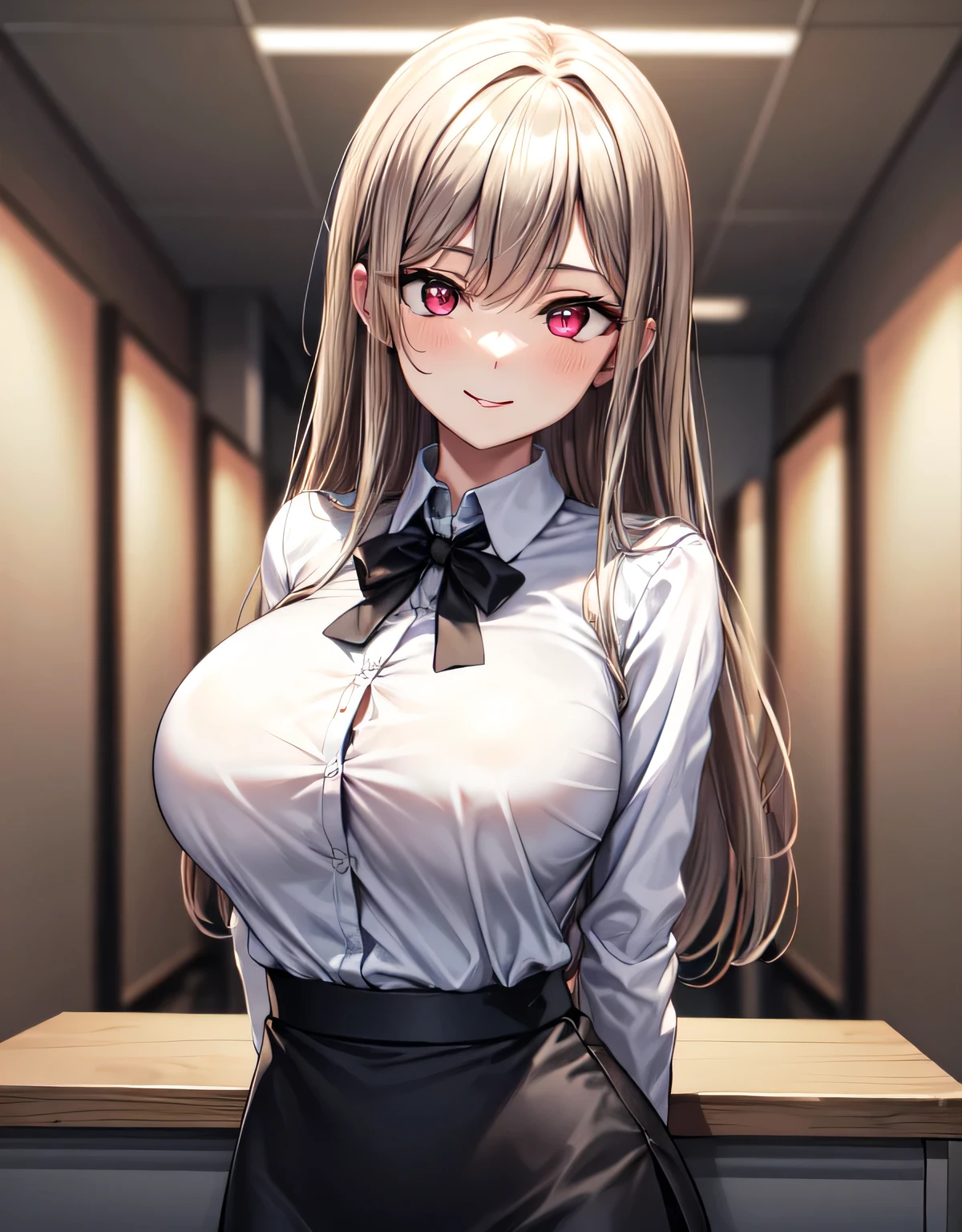 (large breasts:1.55),(shiny,hair),((solo)),((masterpiece)),((best quality)),perfect anatomy,slim waist,perfect image,8k UHD,(beautiful detailed eyes:1.5),extremely detailed face,standing,(upper body:1.2),(look at the front:1.5),(arms behindback),ultra-detailed,absurdres,ultra-highres,indoor,officeroom,smile,blush,closed mouth,lips,light brown hair,dark blonde hair,pink eyes,red eyes,office lady,white shirt,black skirt,shiny black skirt,