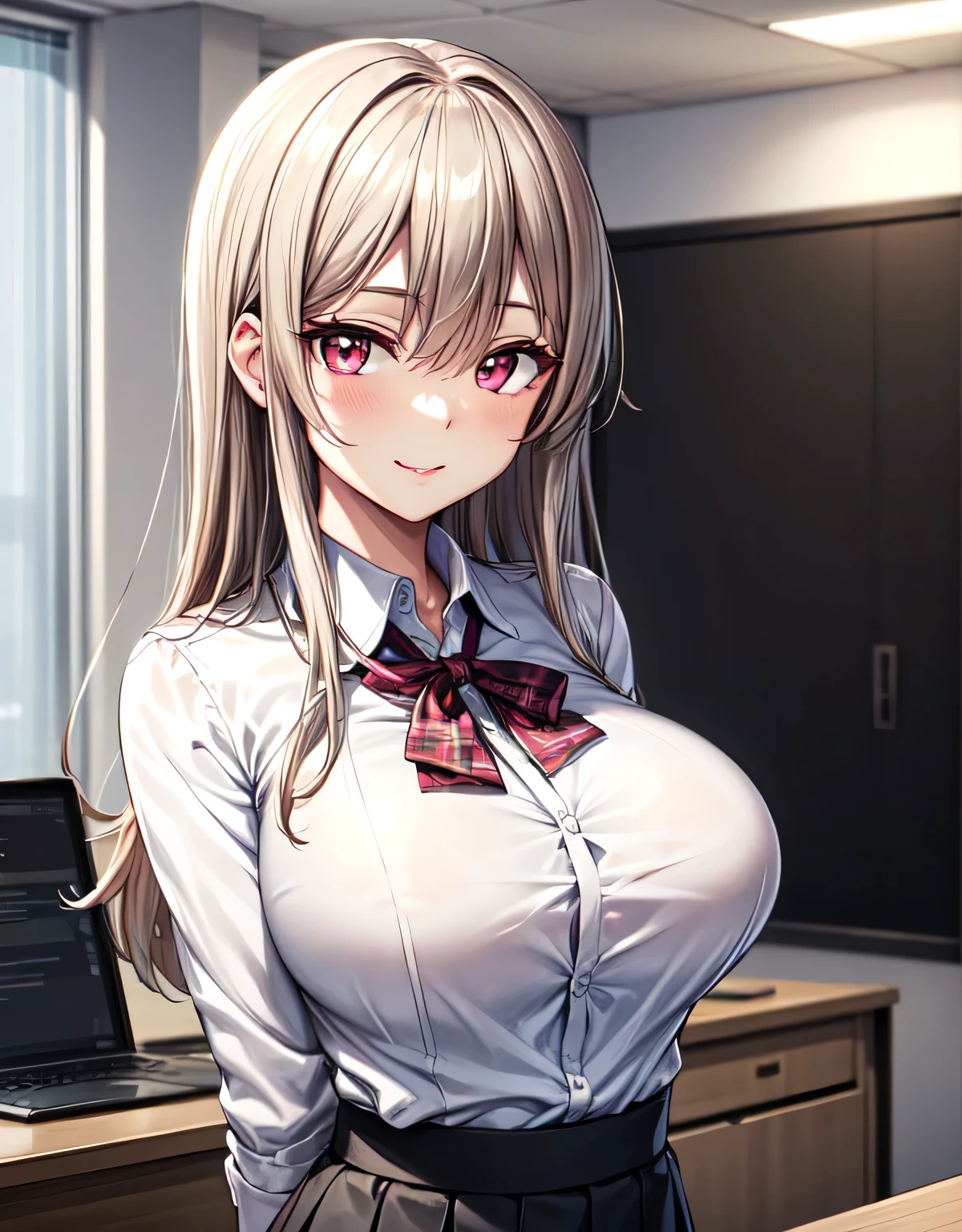 (large breasts:1.55),(shiny,hair),((solo)),((masterpiece)),((best quality)),perfect anatomy,slim waist,perfect image,8k UHD,(beautiful detailed eyes:1.5),extremely detailed face,standing,(upper body:1.2),(look at the front:1.5),(arms behindback),ultra-detailed,absurdres,ultra-highres,indoor,officeroom,smile,blush,closed mouth,lips,light brown hair,dark blonde hair,pink eyes,red eyes,office lady,white shirt,black skirt,shiny black skirt,