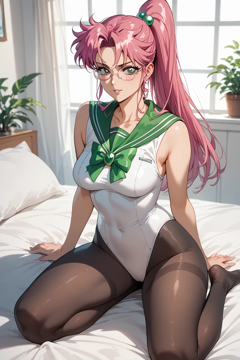  spandex White leotard black leggings　 bed　     invited position 　 sexy　 showing private parts 　 open thighs　 　　　M-shaped legs　                      Sailor　Jupiter costume
   ecstatic expression　
takagi saya glasses pink hair　
