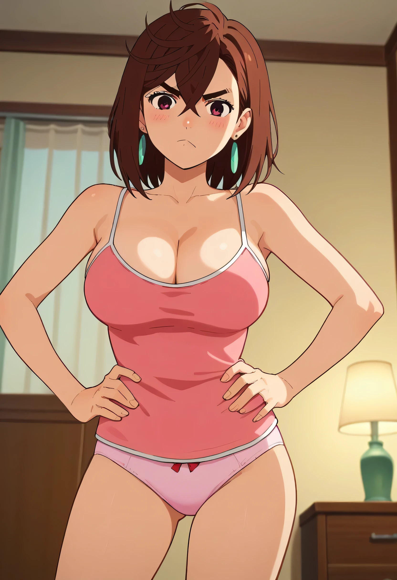 score_9, score_8_up, score_7_up, anime screencap, source_anime, 1girl, solo, KJOmomo, brown hair, brown eyes, medium hair, hair between eyes, thick eyebrows, earrings, camisole, standing, hands on hips, pout, looking at viewer, blush, dutch angle, bedroom, night, large breasts, CLEAVAGE, big breasts, panties,