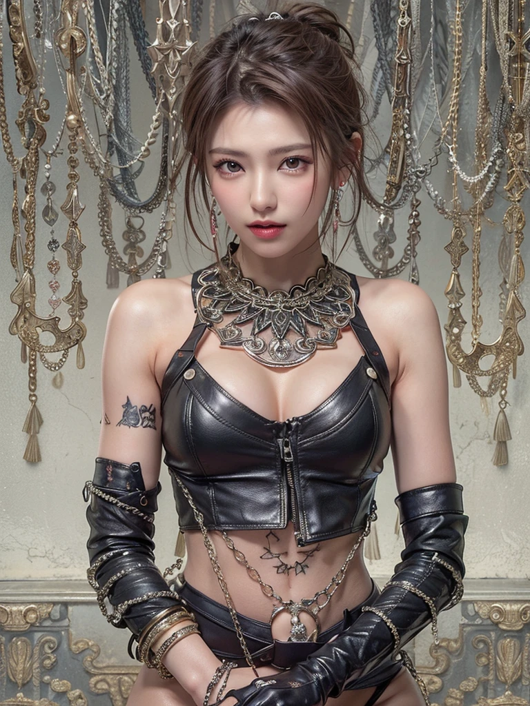 tall and 25 years old Asian woman,(Frown and Angry), BDSM,slave,Rubber,Black Corset,Bondage,Collar,NSFW,((Best Quality, 8k, Masterpiece:1.3))), Highly Detailed Face and Skin Texture、Detailed Eyes、 DSLR, high quality, film grain, fair skin, photo realism,translucent,cool beauty,short hair,Black hair,Precisely expresses details such as face and skin texture,beautiful eye, double eyelid,delicate skin,slender body shape,alone,very small breasts,pretty tattoo