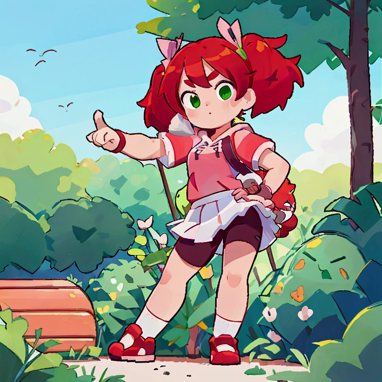 1girl, red hair, twintails, green eyes, hair bow, pink hoodie, short sleeves, wristband, white skirt, bike shorts, socks, sneakers, outdoors, park, bench, standing, pointing at viewer, wink, looking at viewer score_9, score_8_up, score_7_up, score_6_up, score_5_up, score_4_up, BREAK source_anime, masterpiece.  Indoor, intricate detail.

