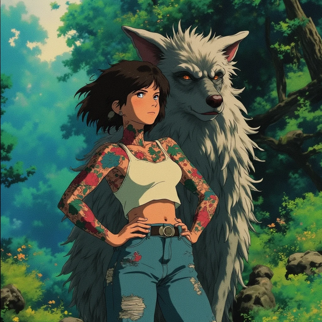 The artwork:Hayao Miyazaki 8K, hard disk, A masterpiece of precision and precision, Beautiful one girl in sexy braless top, Pantijo, tights, Giant dog, organic shape, hard edge, Anatomically correct body, Hyper realistic, Cinematic lighting, Highly detailed, intense colors, winning artwork, Shimmering rich colors, iridescent accents, Dramatic shadows,Dynamic and atmospheric lighting, Anamorphic Lenses, Sharp Focus, A complex and high-definition masterpiece by Katsuya Terada, A complex and high-definition masterpiece by Hayao Miyazaki, In the style of Miyazaki Shunterada Katsuya