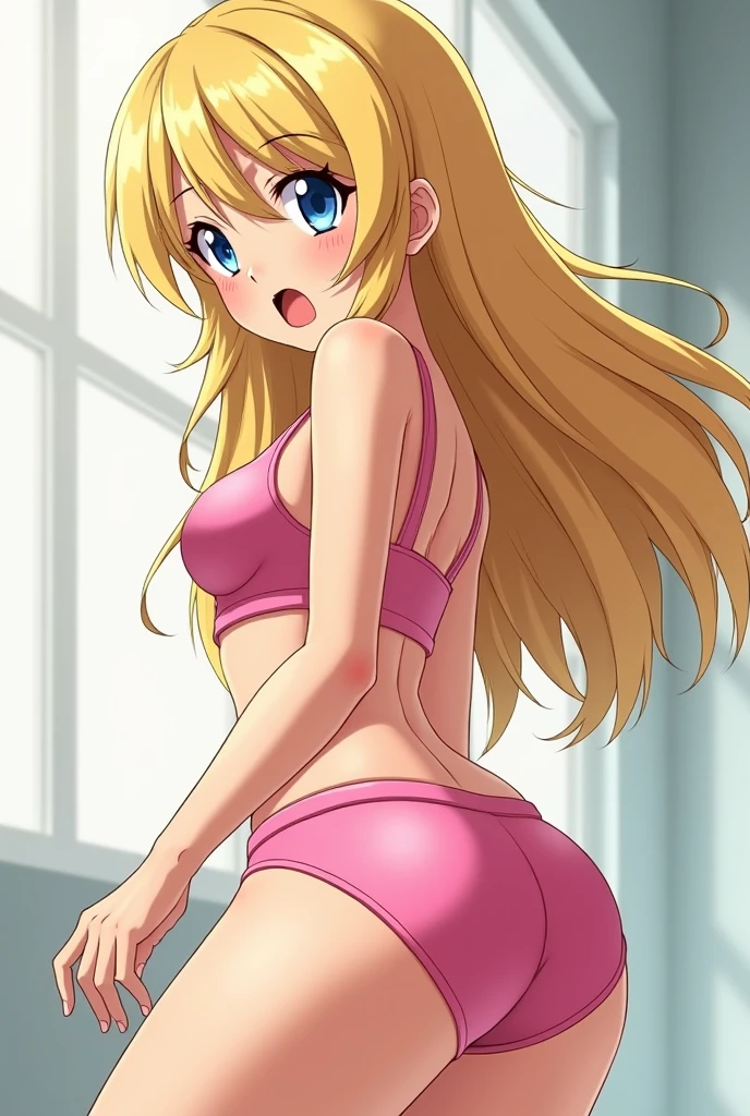 By mantis-x, (gyaru), young girl, (wearing thong), small breasts, playful smile, blonde hair, ((tanned skin)), solo, nude, wearing tube top, (ass shake), lewd dance, ass, wedgie, indoors, girls bedroom, motion lines,