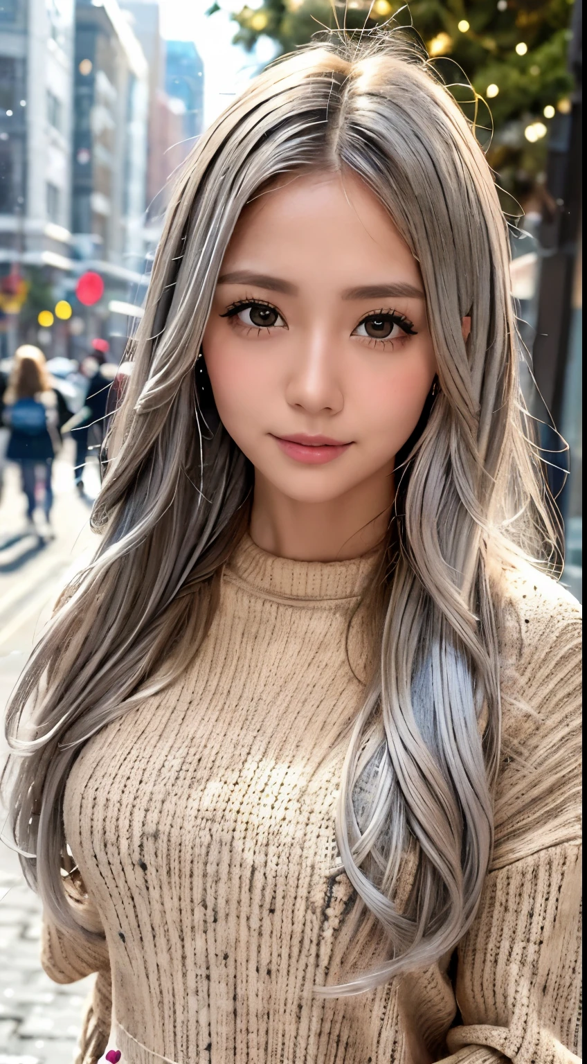 stand in front of the Christmas show,  comet ,  ( knitted sweater:1.3), Street trees in the city , It's snowing,  student's sparkling eyes ,  long silver hair, depth odebt debtield, debt/1.8,  Anatomically Correct , textured skin,  super detailed,   high detail ,  High Quality ,  super detailed,   high detail ,  High Quality , 最 High Quality ,  high definition 