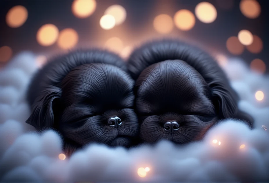 2 adorable black shih tzu puppies, Pixar Style, bv-cutenh, sleeping peacefully on a cloud, captured from a top-down view, in a fantastical style, ultra-detailed, with vibrant, radiant colors and soft magical glow that creates a sense of wonder, emphasizing extreme cuteness and charm with soft, rounded features, oversized, expressive eyes, and an enchanting atmosphere.2 adorable black shih tzu puppies, Pixar Style,