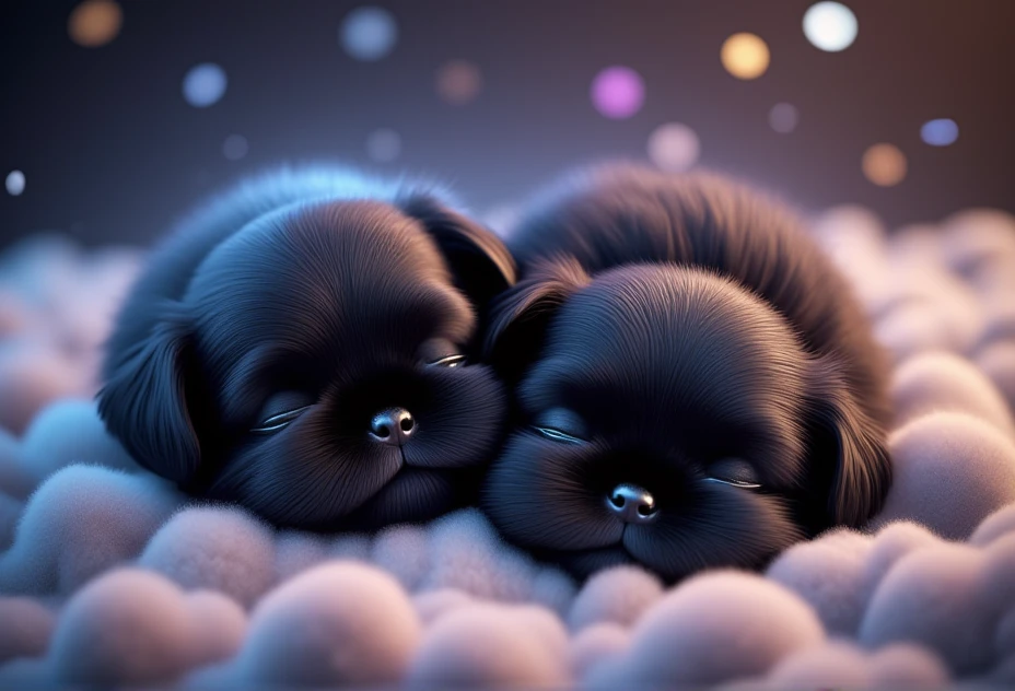 2 adorable black shih tzu puppies, Pixar Style, bv-cutenh, sleeping peacefully on a cloud, captured from a top-down view, in a fantastical style, ultra-detailed, with vibrant, radiant colors and soft magical glow that creates a sense of wonder, emphasizing extreme cuteness and charm with soft, rounded features, oversized, expressive eyes, and an enchanting atmosphere.2 adorable black shih tzu puppies, Pixar Style,