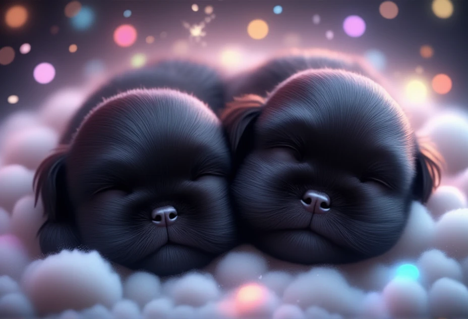 2 adorable black shih tzu puppies, Pixar Style, bv-cutenh, sleeping peacefully on a cloud, captured from a top-down view, in a fantastical style, ultra-detailed, with vibrant, radiant colors and soft magical glow that creates a sense of wonder, emphasizing extreme cuteness and charm with soft, rounded features, oversized, expressive eyes, and an enchanting atmosphere.2 adorable black shih tzu puppies, Pixar Style,